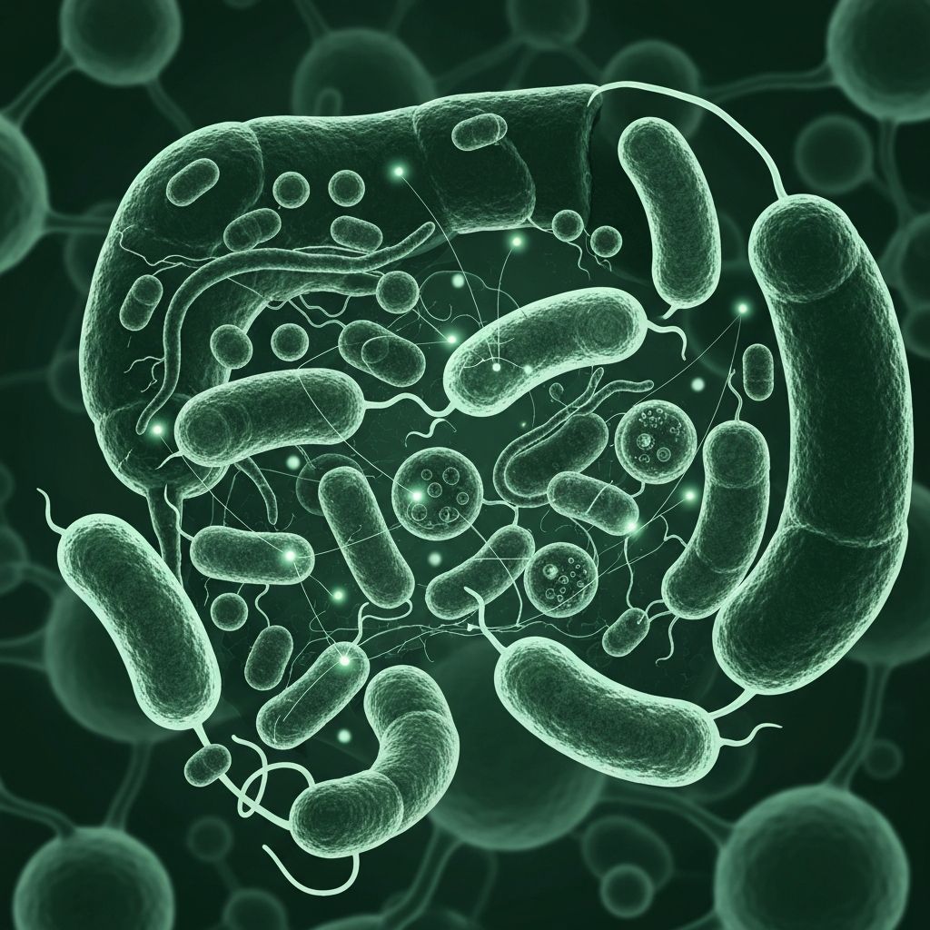 Serene scientific illustration of gut microbiota and metabolic signals