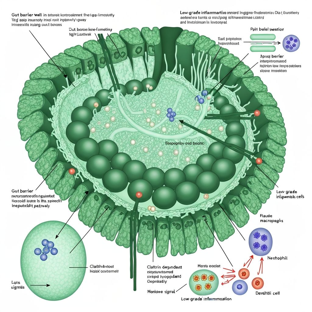Scientific illustration of intestinal wall permeability and inflammation mechanisms